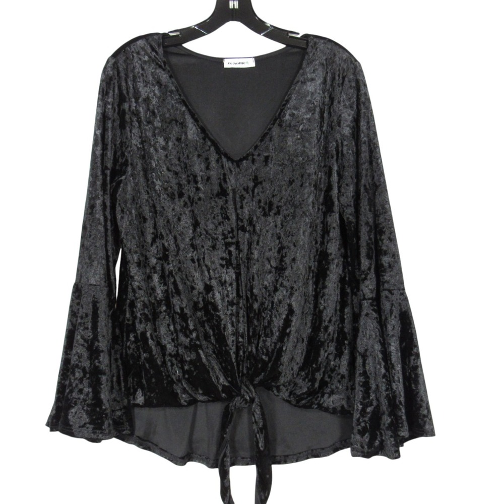 EE:SOME Black VELOUR V-Neck BELL SLEEVES Tie High-Low Hem BLOUSE/TOP Sz L